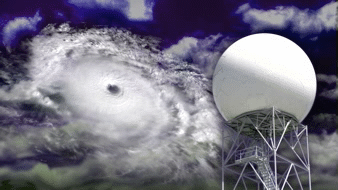 weather radar over aerial shot of rotating hurricane